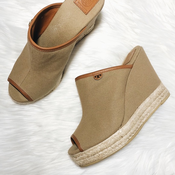 Tory Burch Shoes - Tory Burch Canvas Slip On Wedge Mule Nude Size 9